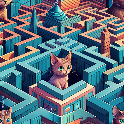 Vibrant illustration of cats navigating a complex maze with geometric shapes and bright colors, depicting a sense of curiosity and adventure. photo