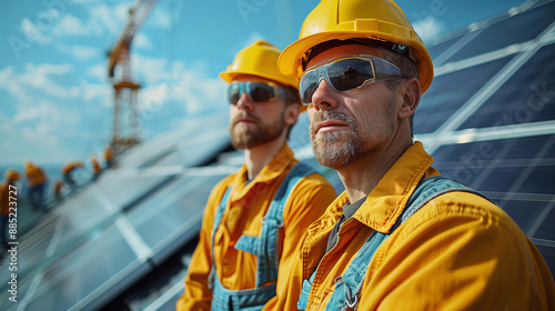 Serious Portrait of Two Workers in Hard Hats at a Solar Panel Installation
