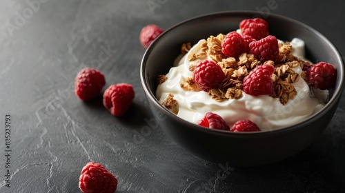 A bowl of Greek yogurt with granola and raspberries on top