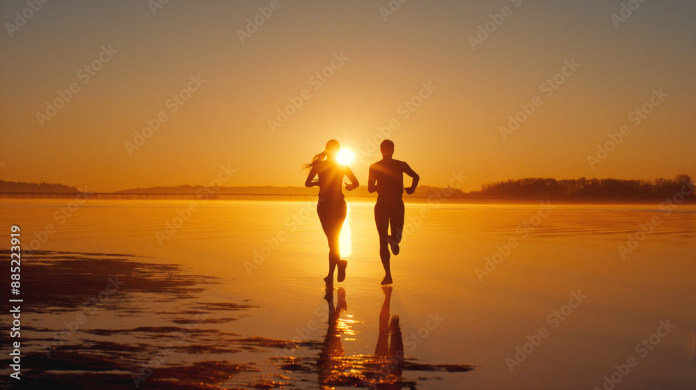 Fototapeta premium Two people running along a beach at sunset with the sun near the horizon, casting a golden glow and creating reflections on the wet sand.