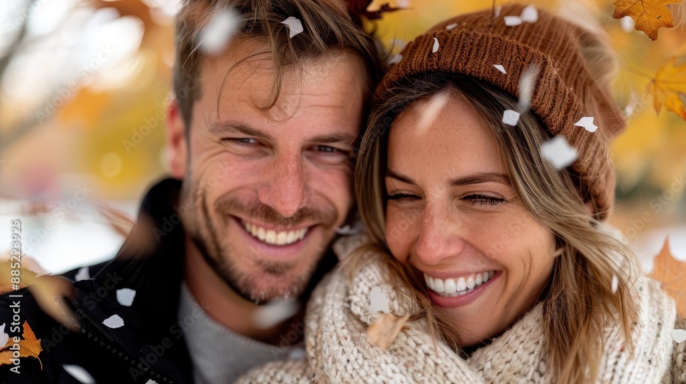 A happy couple, warmly dressed in knitwear and surrounded by autumn leaves, smiles heartily while enjoying the brisk, crisp autumn air and seasonal beauty. A happy couple, warmly dressed in knitwear and surrounded by autumn leaves, smiles heartily while enjoying the brisk, crisp autumn air and seasonal beauty.