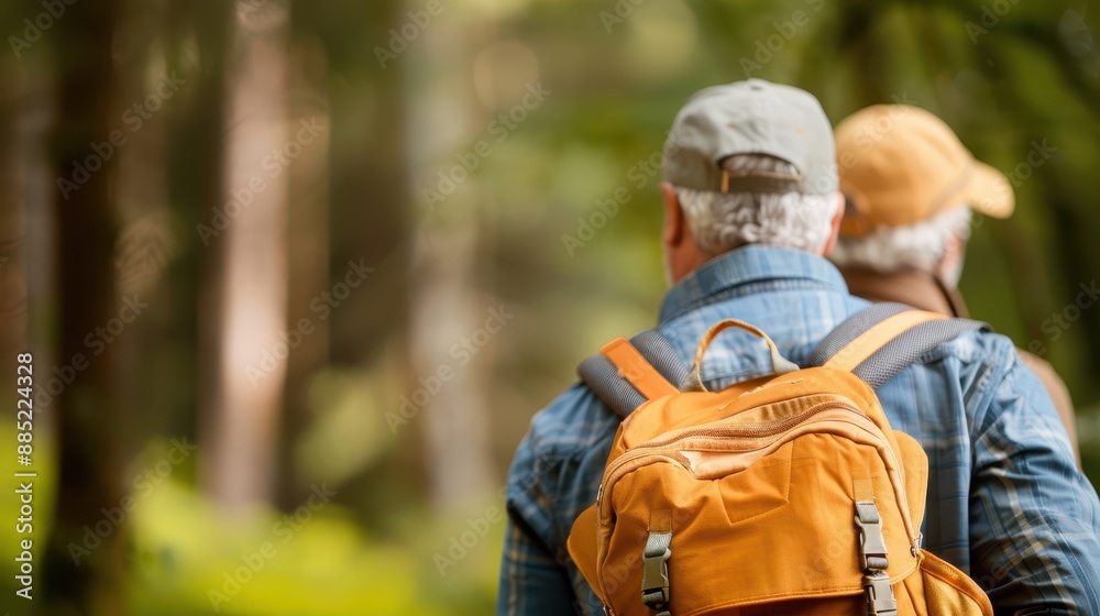 Two people, wearing hats and carrying backpacks, are hiking through a lush green forest, illustrating an adventurous outdoor activity and the joy of exploration and nature. Two people, wearing hats and carrying backpacks, are hiking through a lush green forest, illustrating an adventurous outdoor activity and the joy of exploration and nature.