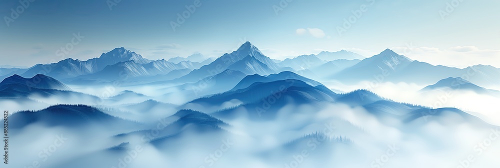 Obraz premium Misty Blue Mountain Range with Floating Clouds and Soft Light