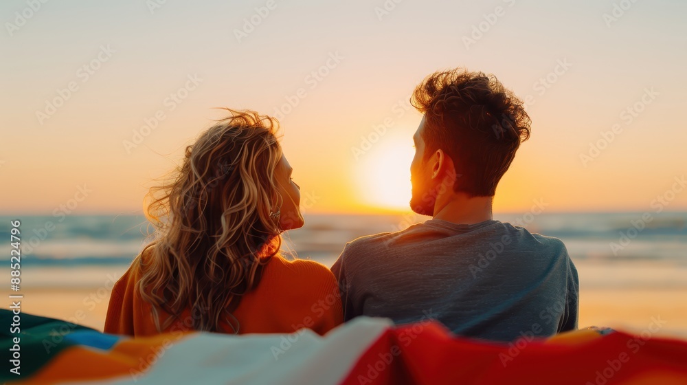 Fototapeta premium A couple, wrapped in a colorful blanket, is sitting on the beach, watching a beautiful sunset over the ocean, symbolizing peacefulness, love, and togetherness.