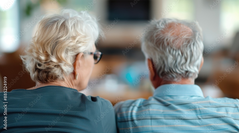 An elderly couple enjoys a quiet moment together, seated indoors on a couch. This image captures their bond, love, and peaceful relaxation during their golden years. An elderly couple enjoys a quiet moment together, seated indoors on a couch. This image captures their bond, love, and peaceful relaxation during their golden years.