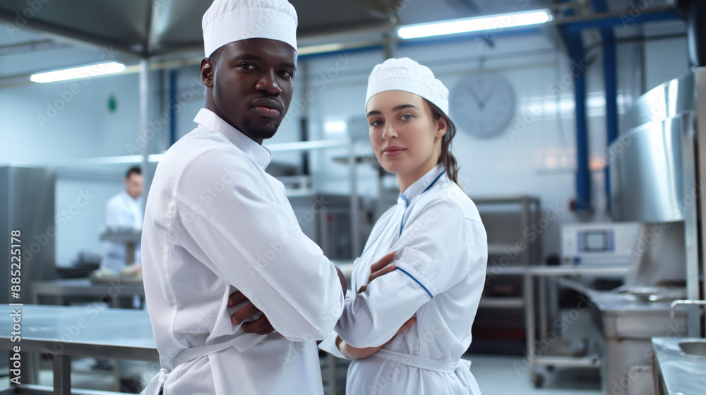 Two chefs in white uniforms and hats standing in a commercial kitchen with arms crossed, with kitchen equipment and another worker in the background. Two chefs in white uniforms and hats standing in a commercial kitchen with arms crossed, with kitchen equipment and another worker in the background.