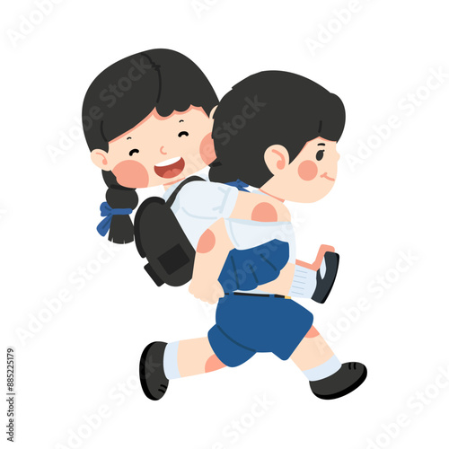 Kids girl piggybacks on boy
