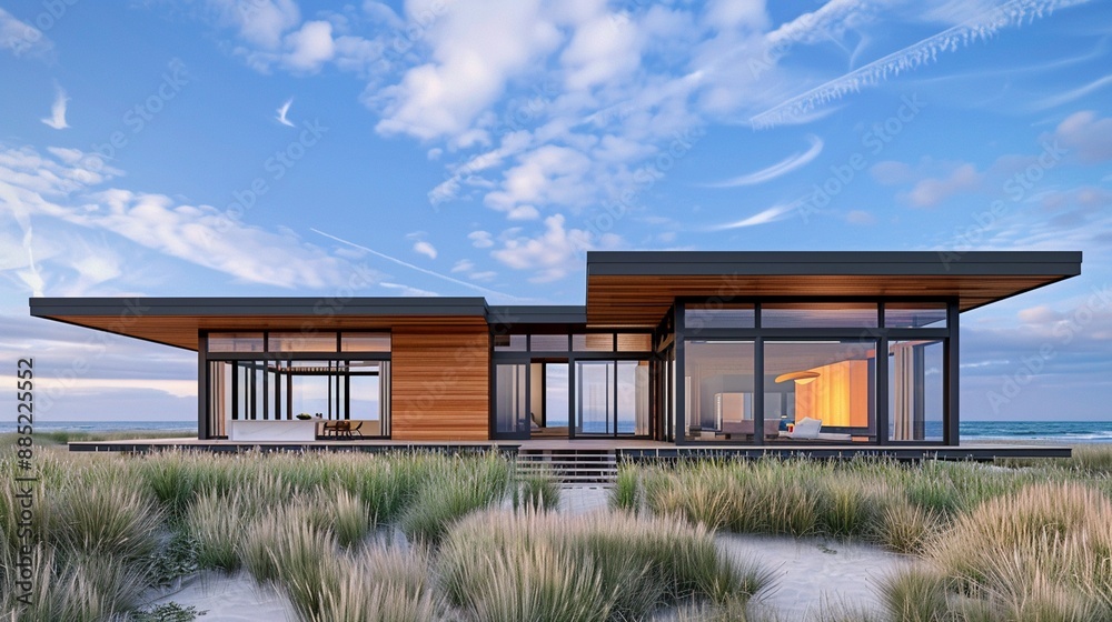 A modern Pacific shoreline with sleek architecture and advanced tide monitoring equipment, situated in a picturesque coastal field, Contemporary, 3D Rendering A modern Pacific shoreline with sleek architecture and advanced tide monitoring equipment, situated in a picturesque coastal field, Contemporary, 3D Rendering