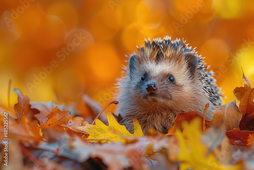 Baby Hedgehog: A prickly baby hedgehog, peeking out from a pile of leaves.