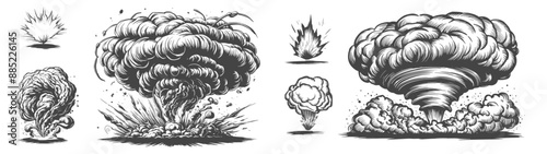 Set of explosion blast vector illustration, massive explosive bursts, mushroom clouds, generative ai