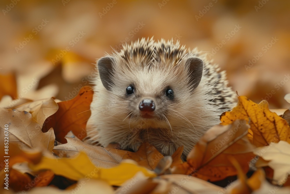 Baby Hedgehog: A prickly baby hedgehog, peeking out from a pile of leaves. Baby Hedgehog: A prickly baby hedgehog, peeking out from a pile of leaves.