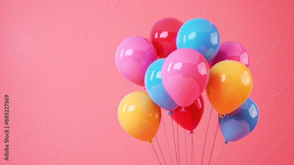 A bunch of colorful balloons floating against a pink background A bunch of colorful balloons floating against a pink background