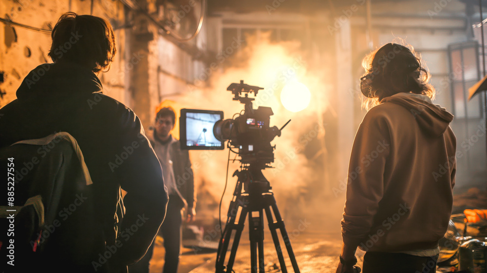 Fototapeta premium Crew filming a scene with a professional camera in a studio with atmospheric lighting and smoke effects.