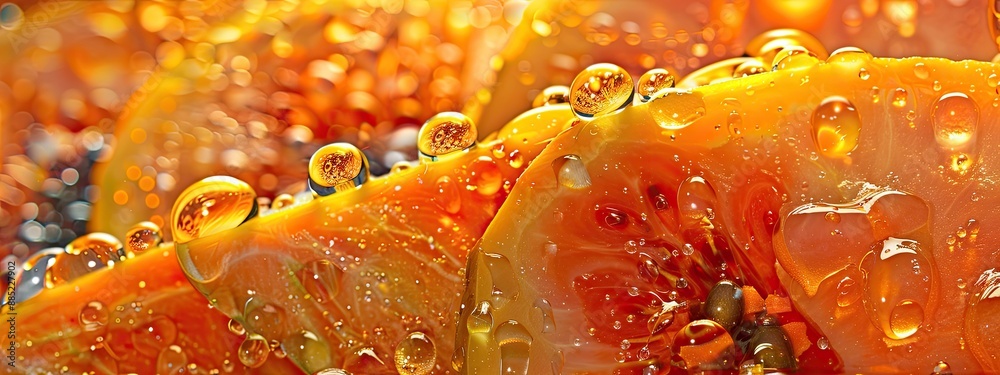 papaya in water drops close-up. Selective focus