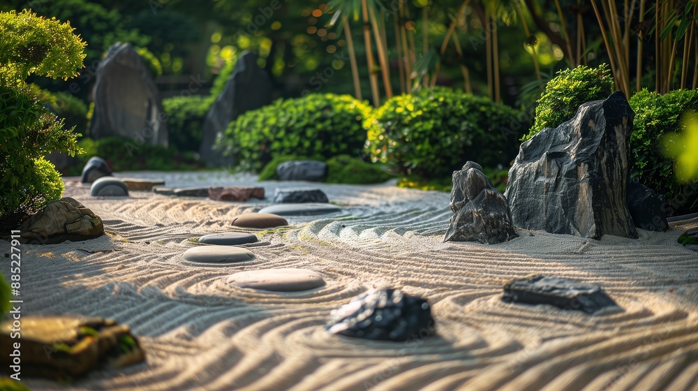 Serene Zen Garden with Raked Sand and Rocks, Tranquil Outdoor Scene Serene Zen Garden with Raked Sand and Rocks, Tranquil Outdoor Scene