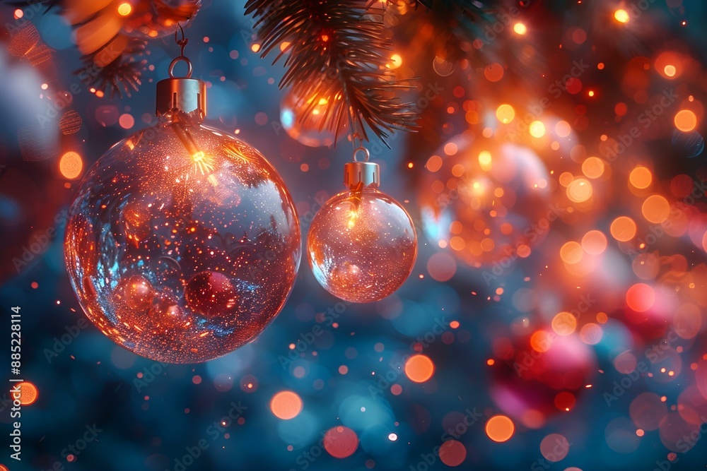 Fototapeta premium Christmas tree adorned with festive decorations and twinkling lights.