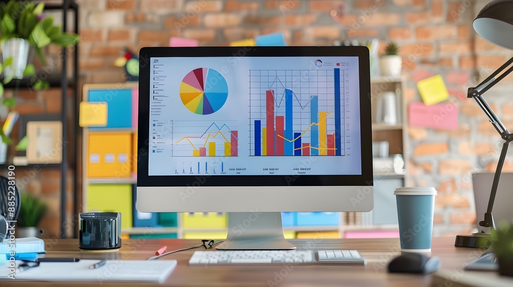 A creative workspace with SEO graphs and charts displayed on a sleek monitor, focusing on content creation tools and materials, capturing the vibrant and organized setup A creative workspace with SEO graphs and charts displayed on a sleek monitor, focusing on content creation tools and materials, capturing the vibrant and organized setup