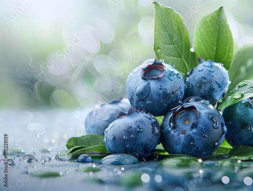 Wallpaper Mural Juicy ripe blueberries in water droplets with green leaves. Neural network AI generated art Torontodigital.ca