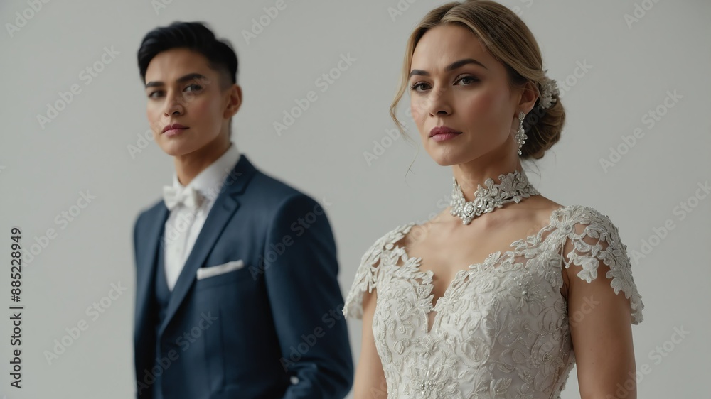 Mother of groom wearing midi gown model posing on plain white background Mother of groom wearing midi gown model posing on plain white background