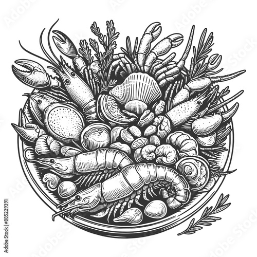 Wallpaper Mural seafood platter featuring various shellfish, shrimp, and herbs in a detailed, vintage style sketch engraving generative ai raster illustration. Scratch board imitation. Black and white image. Torontodigital.ca