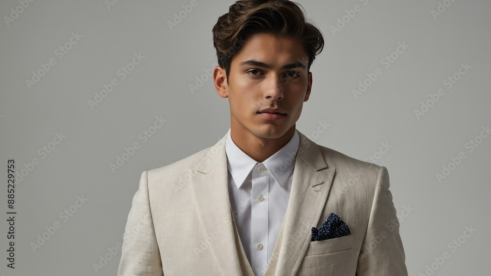 Young man wearing grooms linen suit model posing on plain white background Young man wearing grooms linen suit model posing on plain white background