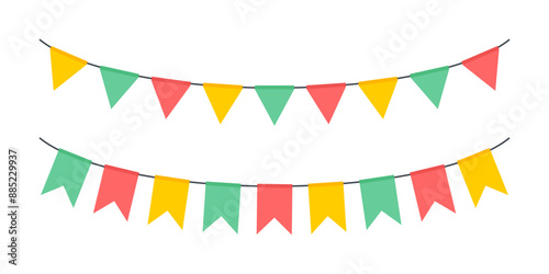 Festive flag garlands. Colored garlands of triangular flags. Carnival, birthday or party design decoration. Vector illustration.