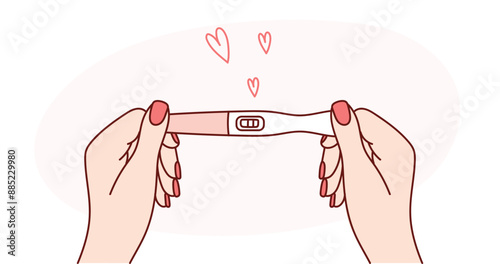 A girl's hand holds a pregnancy test with two stripes. Vector linear illustration. Positive result.