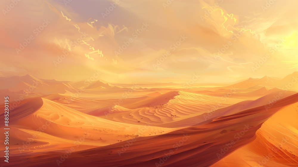 Fototapeta premium Stunning Illustration of Desert Scene with Rolling Sand Dunes at Sunset