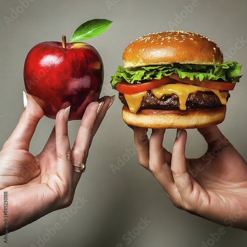 A Apple vs Cheeseburger Held in Hands, healthy vs unhealthy