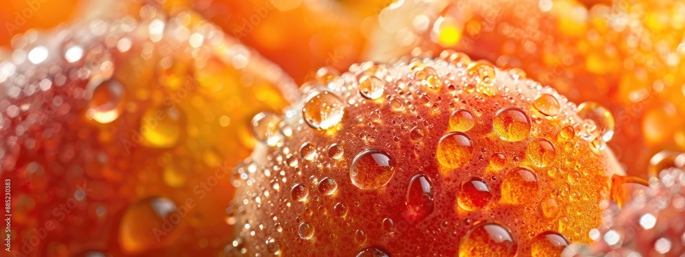 Apricots in water drops close-up. Selective focus Apricots in water drops close-up. Selective focus