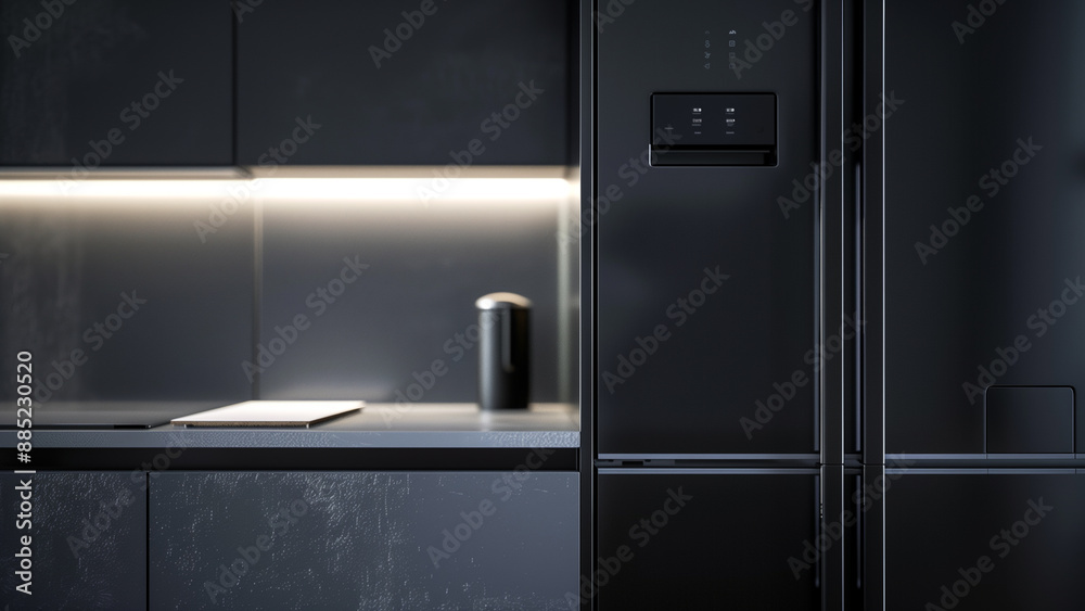 Modern Minimalism: A Close-Up of a Fridge with a Magnet and A4 White Paper Modern Minimalism: A Close-Up of a Fridge with a Magnet and A4 White Paper