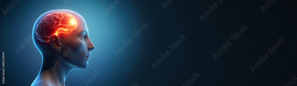 Obraz premium Banner image. Human profile with glowing red brain in head with twists close up. Blue dark background. Copy space.