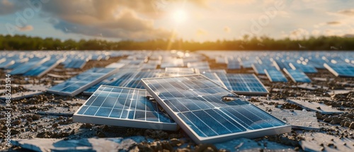 A photograph of expired solar panels littering a field, highlighting the issue of waste management in renewable energy photo