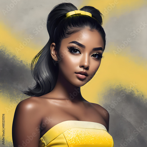 In this dark kawaii-inspired close-up portrait, we see a character with a short ponytail wearing a striking yellow ombre textured bandeau mini dress. She confidently poses with her hand on her hip, cr photo