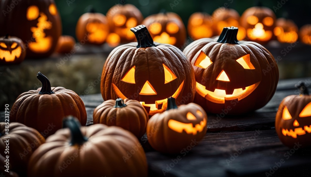Fototapeta premium Glowing, carved, Halloween jack o' lantern pumpkins on wooden background. Selective focus.