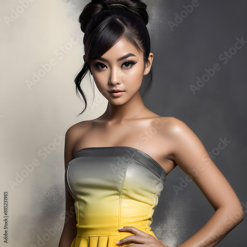 In this dark kawaii-inspired close-up portrait, we see a character with a short ponytail wearing a striking yellow ombre textured bandeau mini dress. She confidently poses with her hand on her hip, cr photo