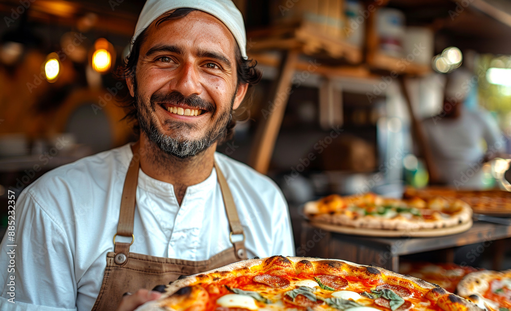 A man wearing a white apron is smiling and holding a pizza. The pizza is topped with cheese and basil A man wearing a white apron is smiling and holding a pizza. The pizza is topped with cheese and basil