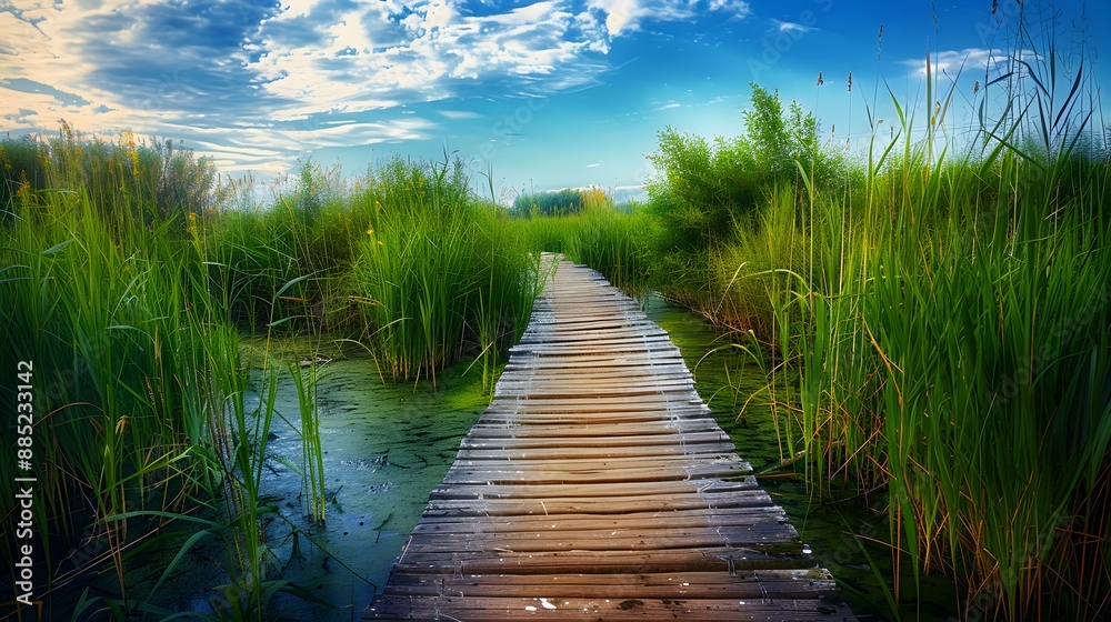 Fototapeta premium A wooden path in a swamp passing image