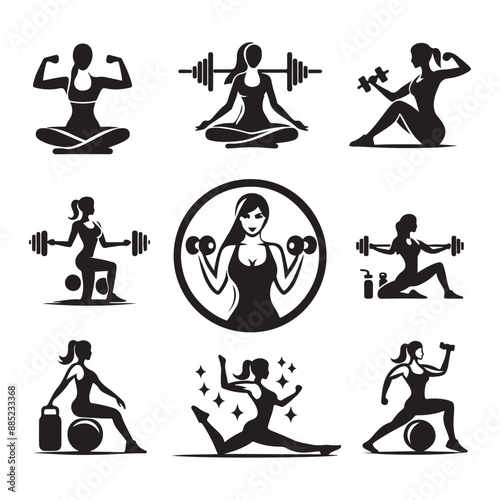 Woman fitness logo concept vector illustration black color a set of group