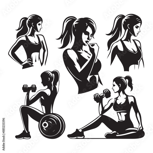 Woman fitness logo concept vector illustration black color a set of group