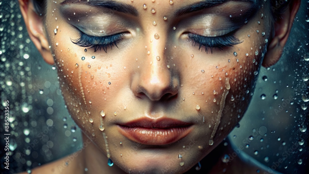 Close-up of rain-soaked face, droplets falling on skin, eyes closed, serene expression, wet eyelashes, glistening waterdrops, misty atmosphere, dark tone. Close-up of rain-soaked face, droplets falling on skin, eyes closed, serene expression, wet eyelashes, glistening waterdrops, misty atmosphere, dark tone.