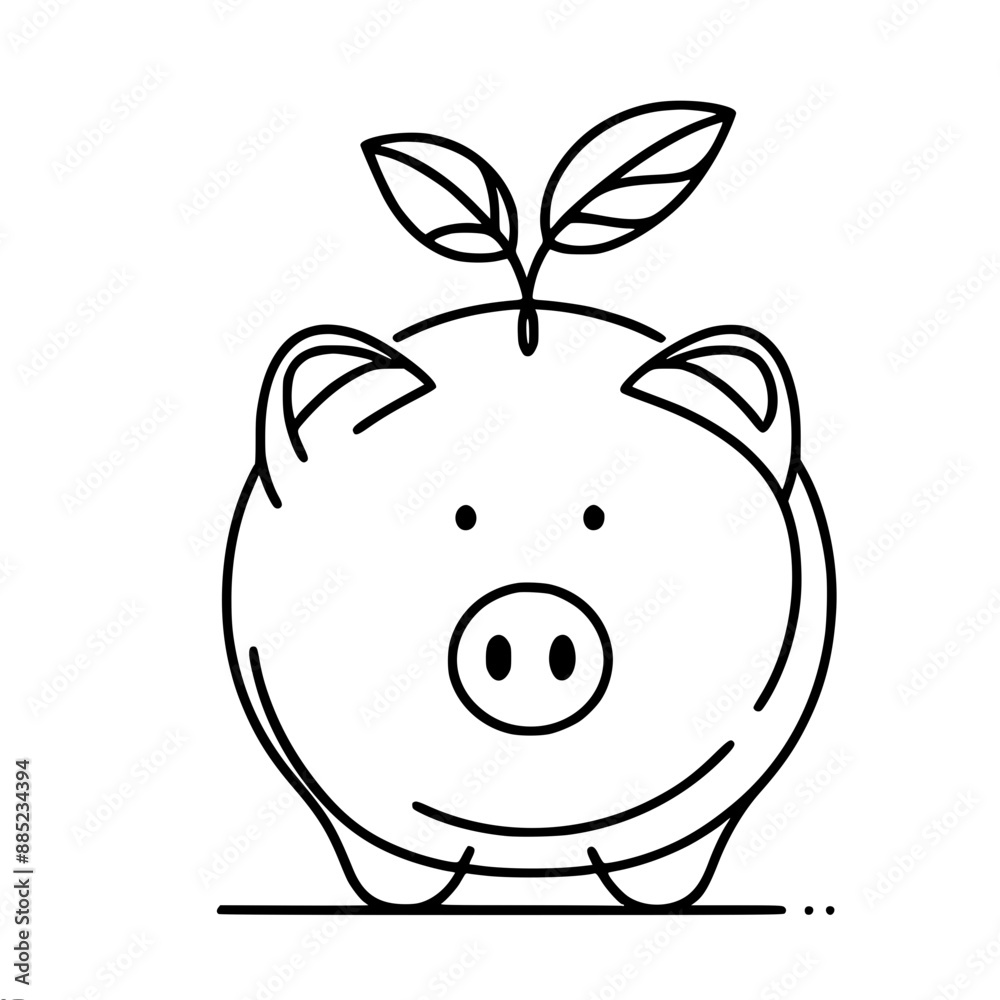 stylized piggy bank with a plant on top, symbolizes the theme of savings and financial growth, one black vector line drawing stylized piggy bank with a plant on top, symbolizes the theme of savings and financial growth, one black vector line drawing