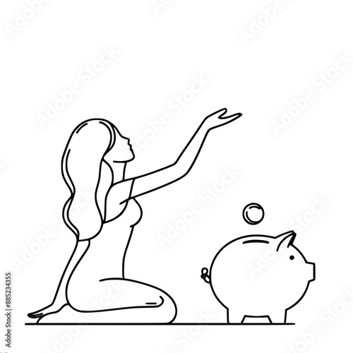 woman throwing a coin into a piggy bank while sitting on her knees, single line vector drawing with one black contour line, symbolizes the theme of savings, investment accumulation