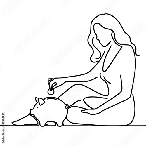 woman throws a coin into a piggy bank while sitting on the floor, single line vector drawing with one black contour line, symbolizes the theme of savings, investment accumulation