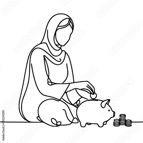 Indian woman in sari throws a coin into a piggy bank sitting on the floor, one line vector drawing