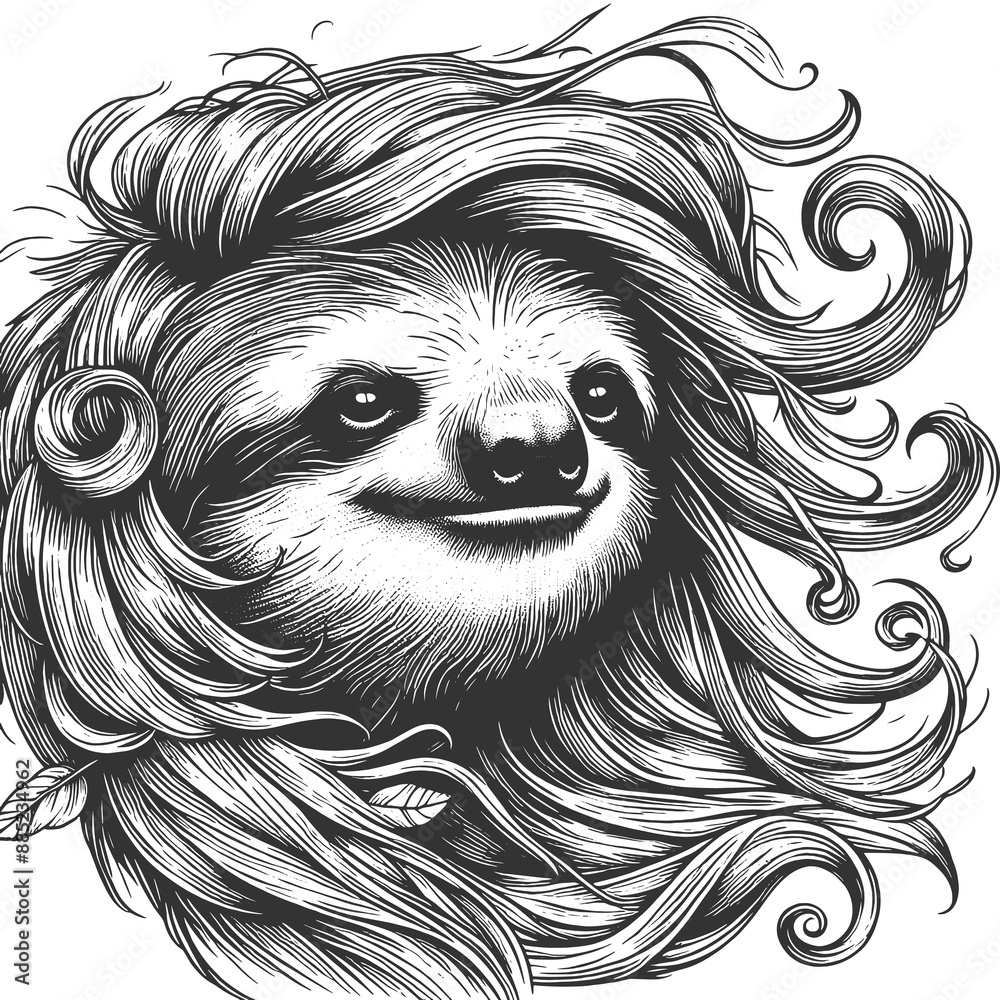 Fototapeta premium whimsical sloth with flowing hair, detailed in a charming vintage style sketch engraving generative ai raster illustration. Scratch board imitation. Black and white image.