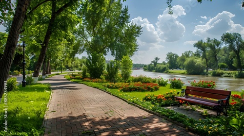 A green area along the river with manicured picture