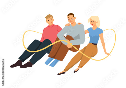 People touching shoulder of depressed man, vector empathy and support mental health, suicide prevention, yellow ribbon
