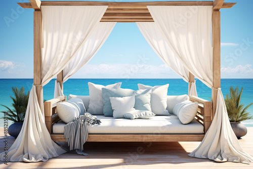 a couch with white curtains and a blanket on it