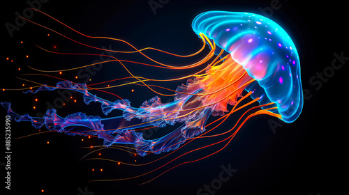 Fluorescent jellyfish gracefully dance underwater, glowing with vibrant colors. The concept of natural beauty, marine life, and the mesmerising wonders of the ocean depths. Generative AI.